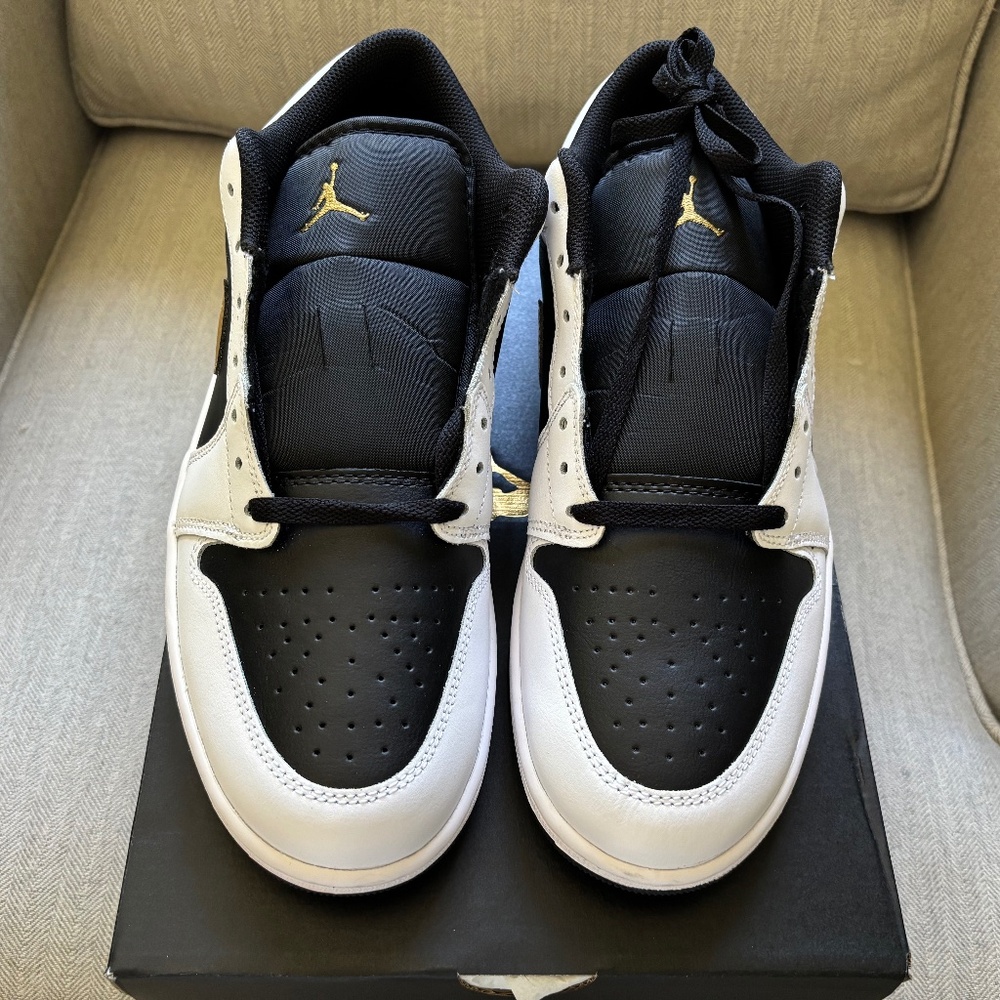 New in box Air Jordan 1 Low white with metallic gold & black